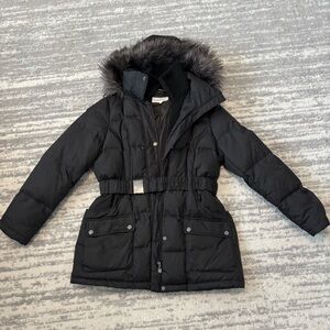 Calvin Klein Charcoal Puffer Jacket with Fur Trim hood